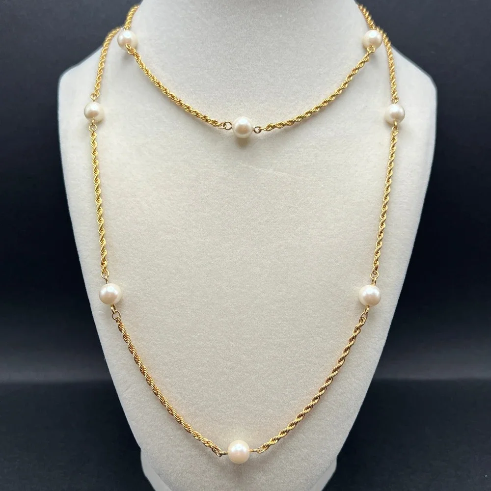 Vintage Station‎ Necklace Gold Tone Rope Chain Faux Pearl Classic Opera 34